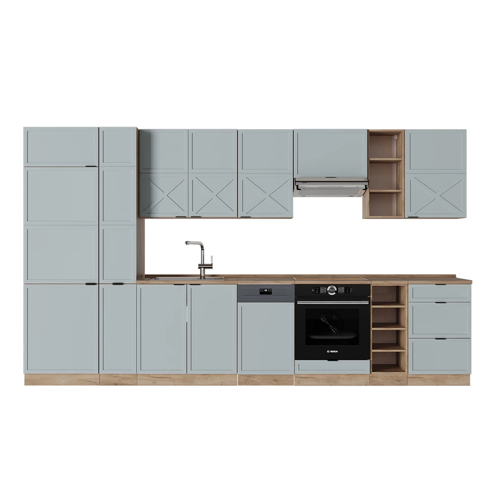 Konyhabútor Világoskék-szürke/arany tölgy színben fehér háttéren