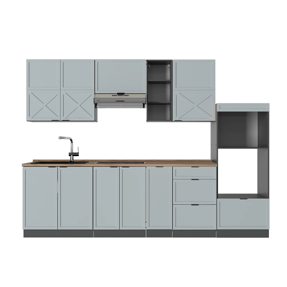 Cuisine en Bleu clair-gris/anthracite sur fond blanc