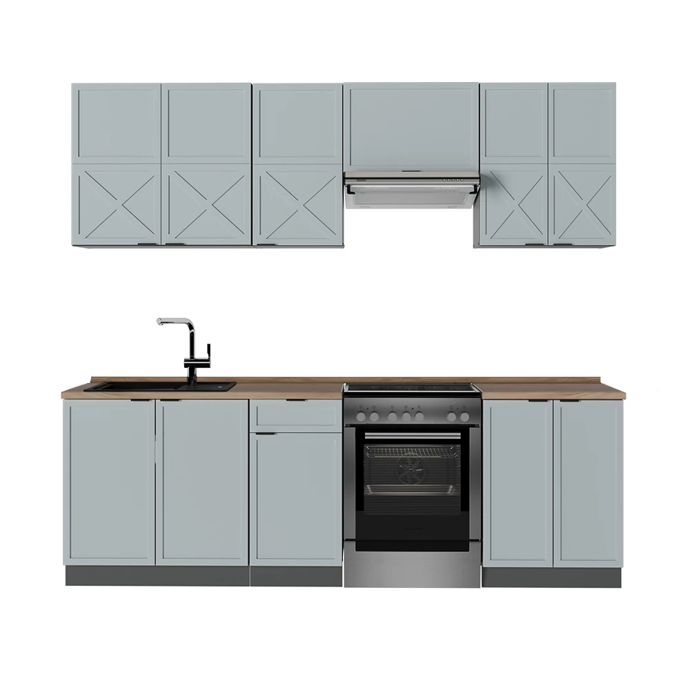 Mueble de cocina en Azul claro/gris antracita sobre fondo blanco
