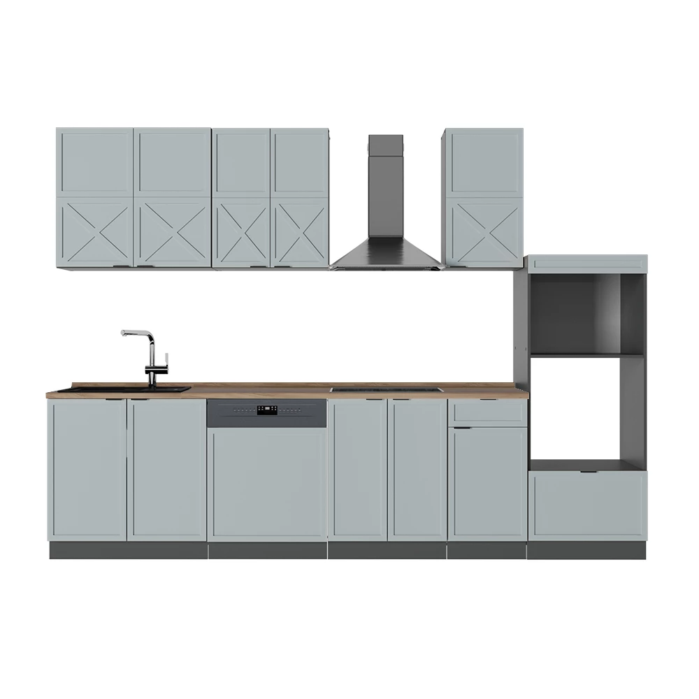 Cuisine en Bleu clair-gris/anthracite sur fond blanc