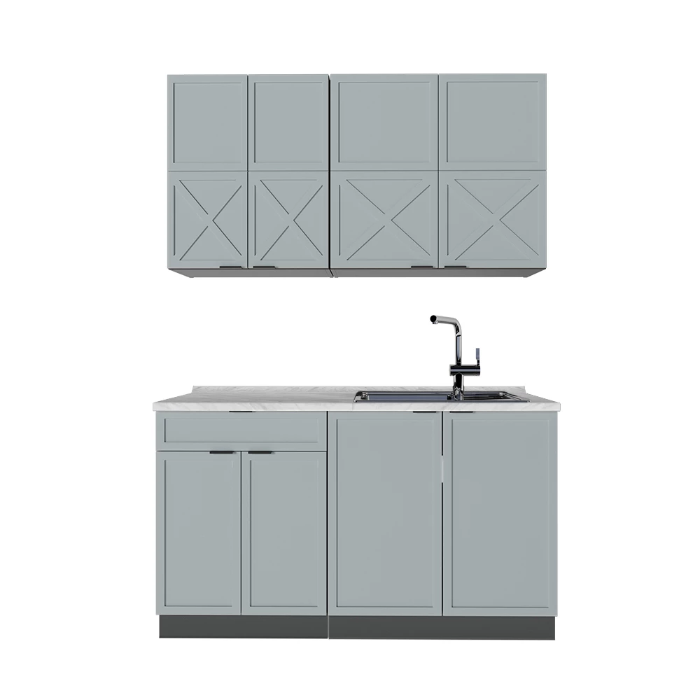 Enkele keuken in Licht blauw-grijs/antraciet op een witte achtergrond