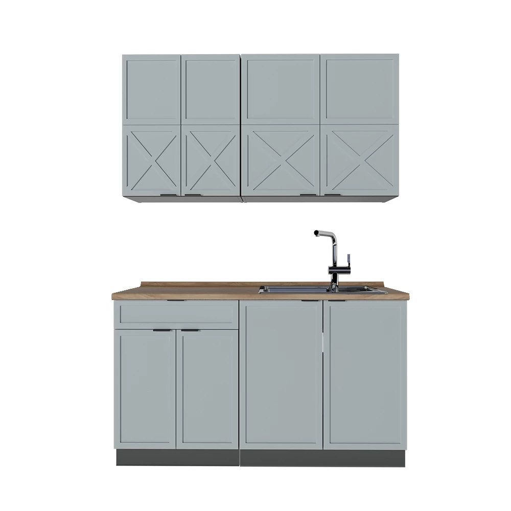 Cucina completa in Azzurro-grigio/antracite su sfondo bianco