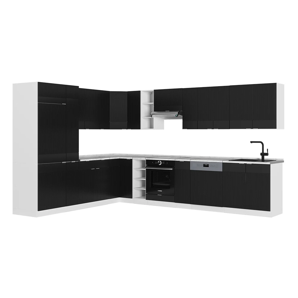 Bucătărie de colț in dungi negre/albe on white background