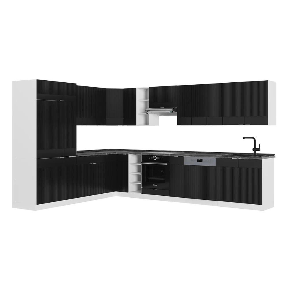 Bucătărie de colț in dungi negre/albe on white background