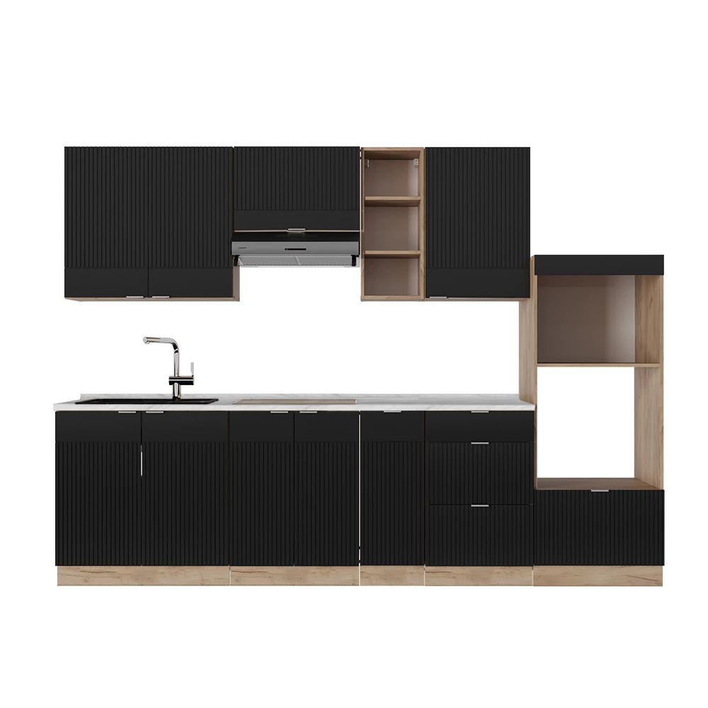 Kitchenette in Dungi negre/Stejar Goldkraft on white background