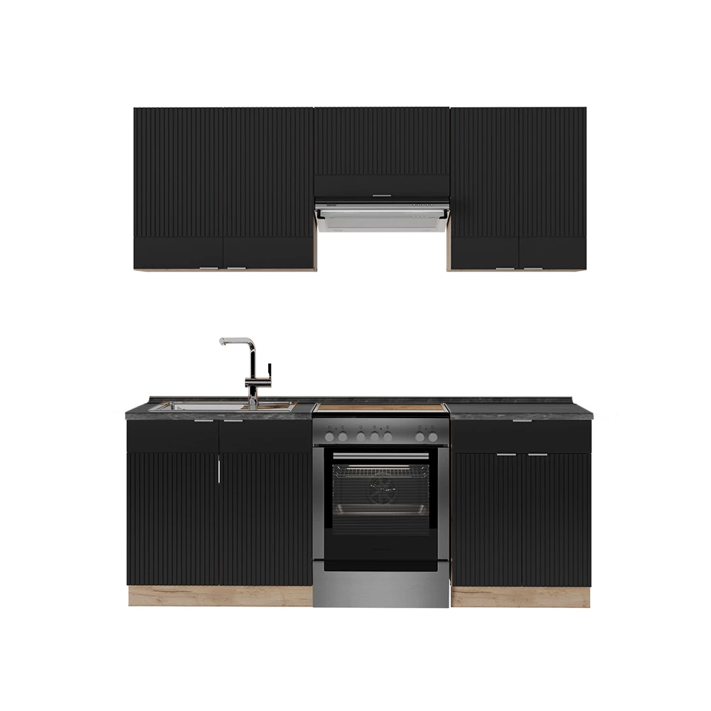 Küchenschränke  in Schwarz gestreift/Goldkraft Eiche auf weißem Hintergrund