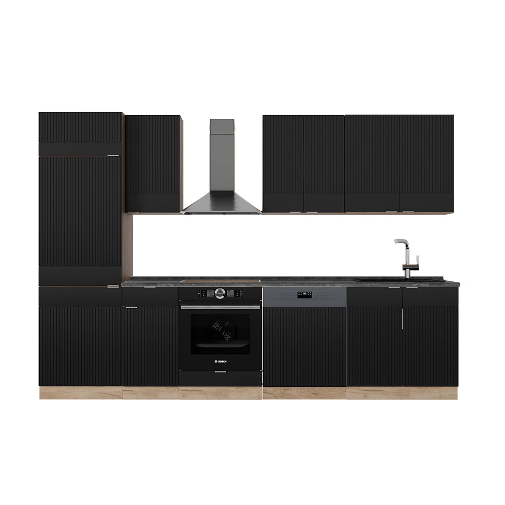 Mueble de cocina en Rayas negras/roble dorado sobre fondo blanco