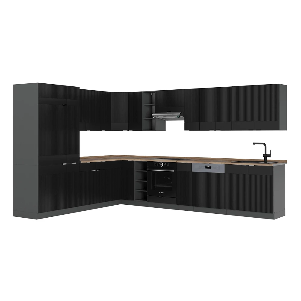 Kotna kuhinja v Črna črtasta/antracitna na belem ozadju