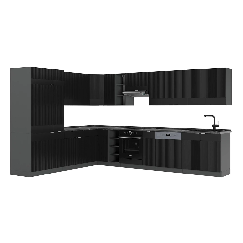 Kotna kuhinja v Črna črtasta/antracitna na belem ozadju