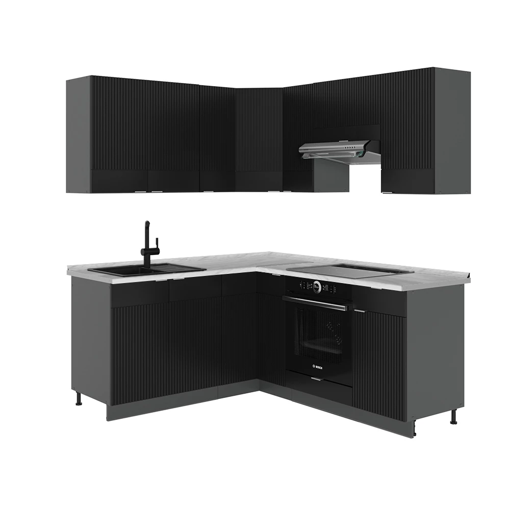 Kotna kuhinja v Črna črtasta/antracitna na belem ozadju