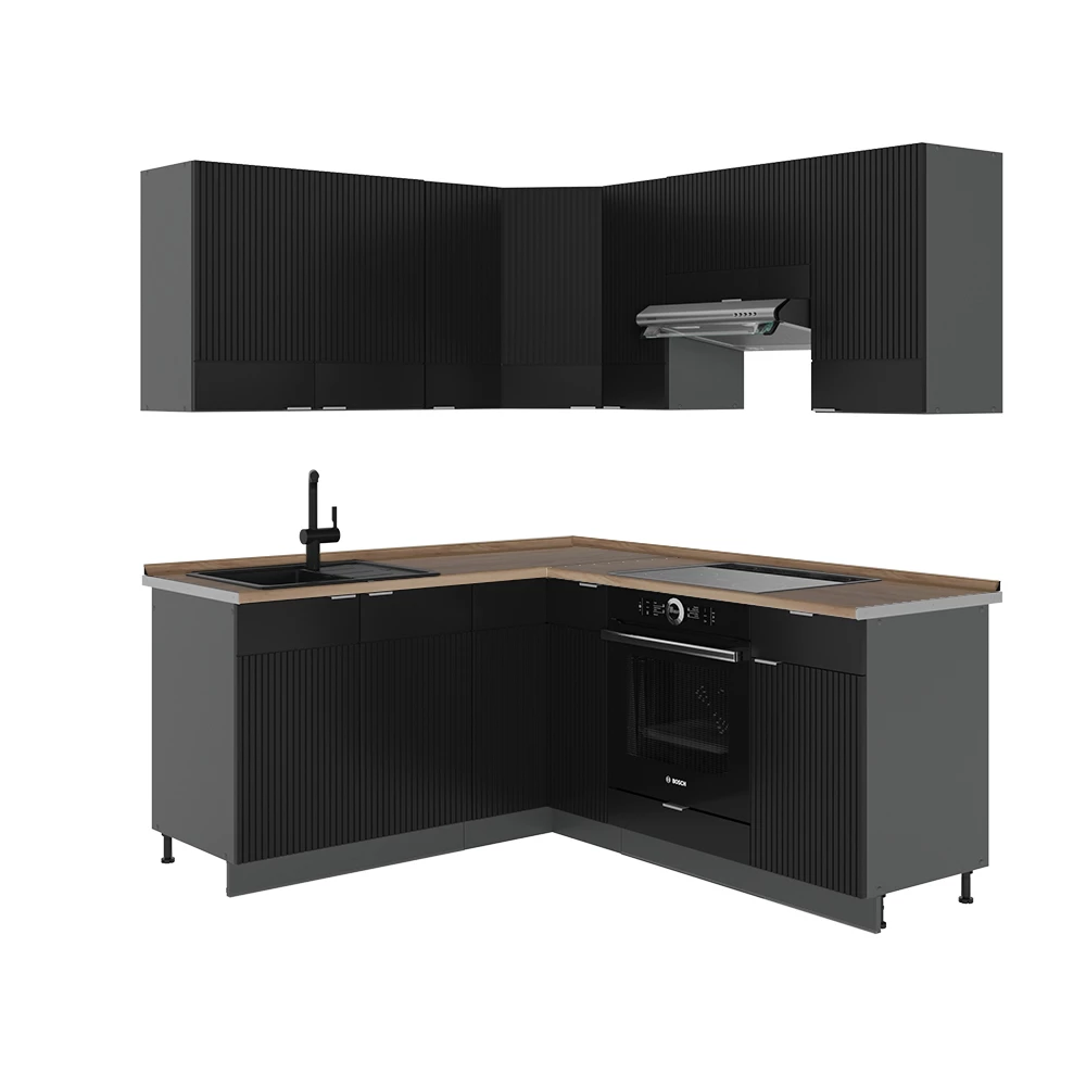 Kotna kuhinja v Črna črtasta/antracitna na belem ozadju