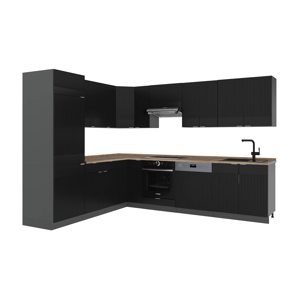 Kotna kuhinja v Črna črtasta/antracitna na belem ozadju