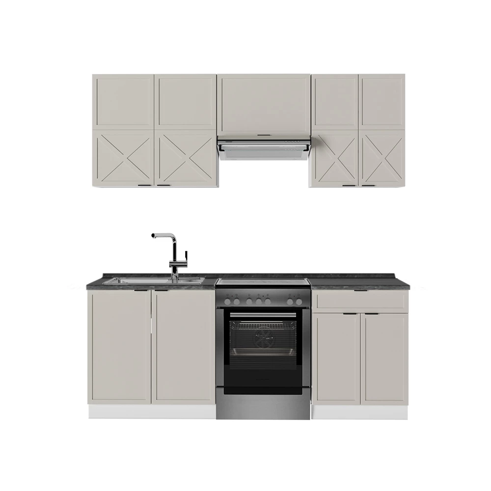 Küchenzeile in GrauBeige/Weiß auf weißem Hintergrund