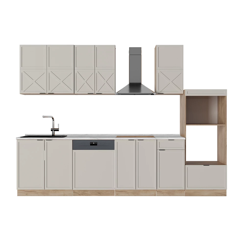 Keukenblok in Grijs/beige/gouden eik op een witte achtergrond