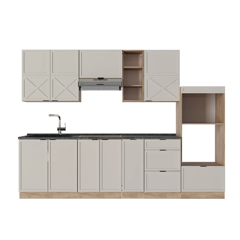 Mueble de cocina en Gris/beige/roble dorado sobre fondo blanco