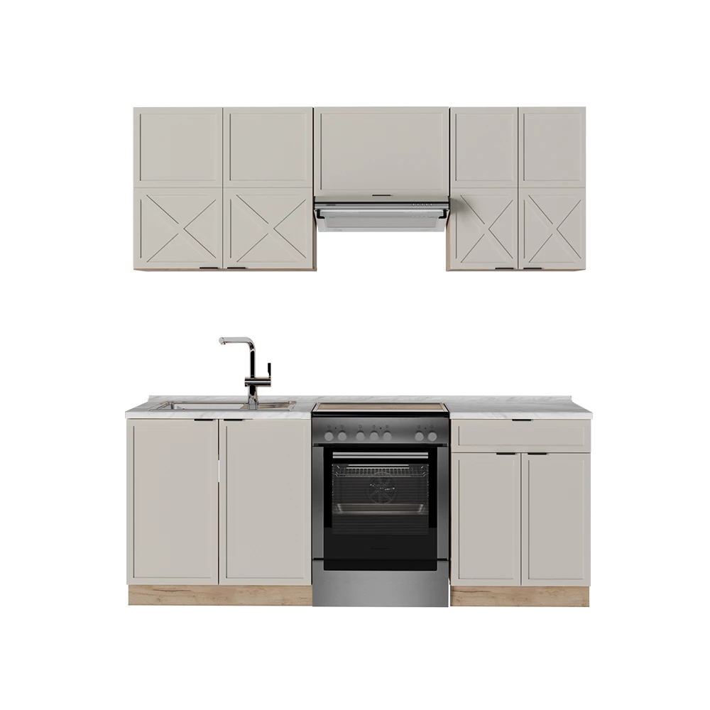 Küchenzeile in GrauBeige/Goldkraft Eiche auf weißem Hintergrund