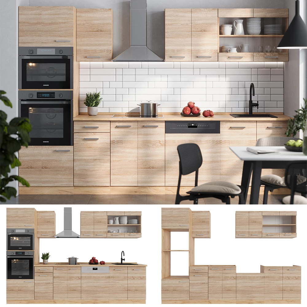 Complete keukeneenheid R-Line Sonoma/Goudkraft eik 300 cm met hoge kast, zonder werkblad Vicco