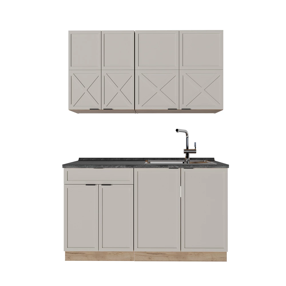 Cocina para solteros en Gris/beige/roble dorado sobre fondo blanco