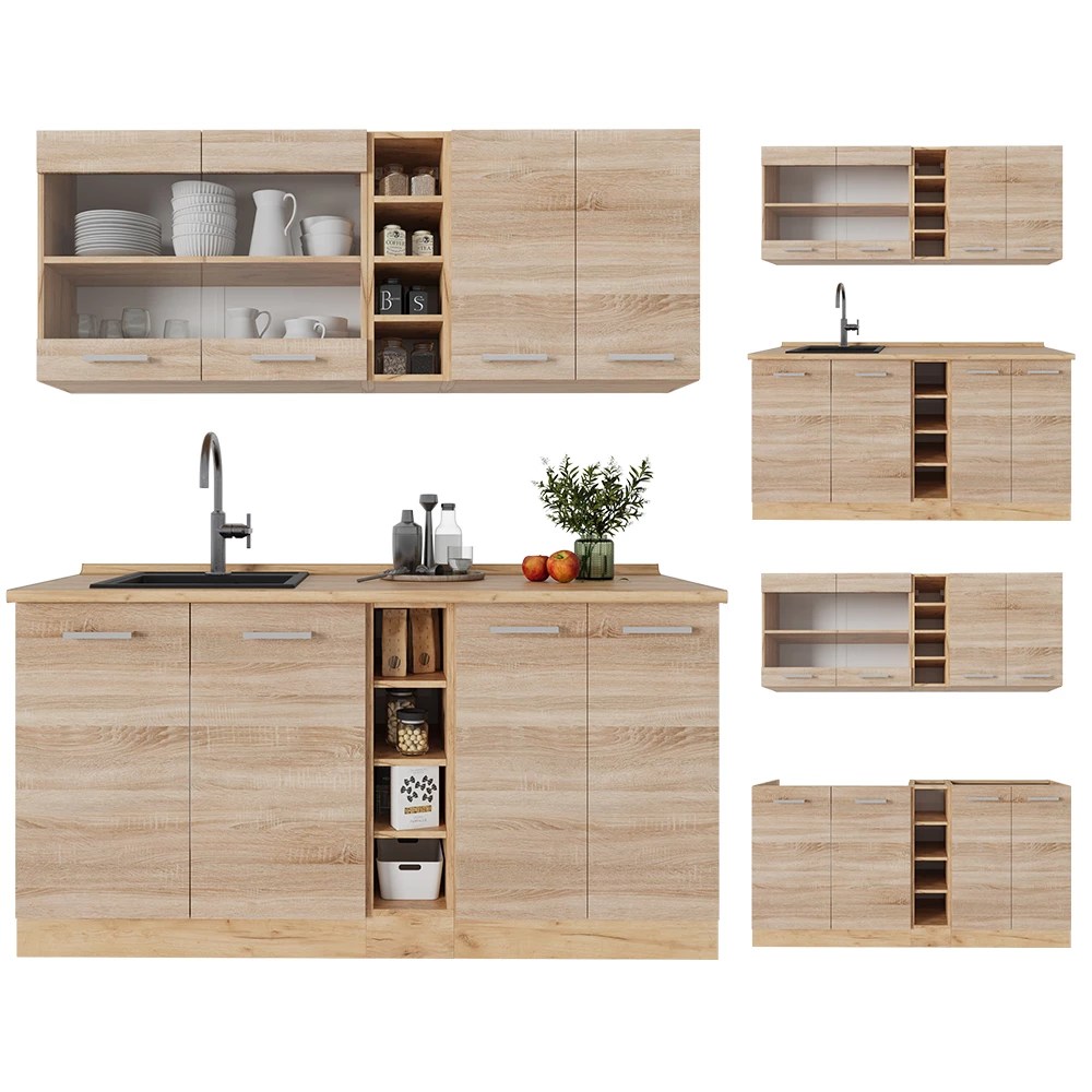 Eenpersoonskeuken in Sonoma/Goudkraft eik on white background with decorative elements