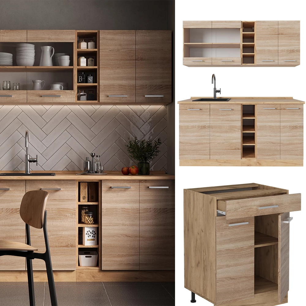 Eenpersoonskeuken R-Line Sonoma/Goudkraft eik 160 cm , WB Marmer Vicco