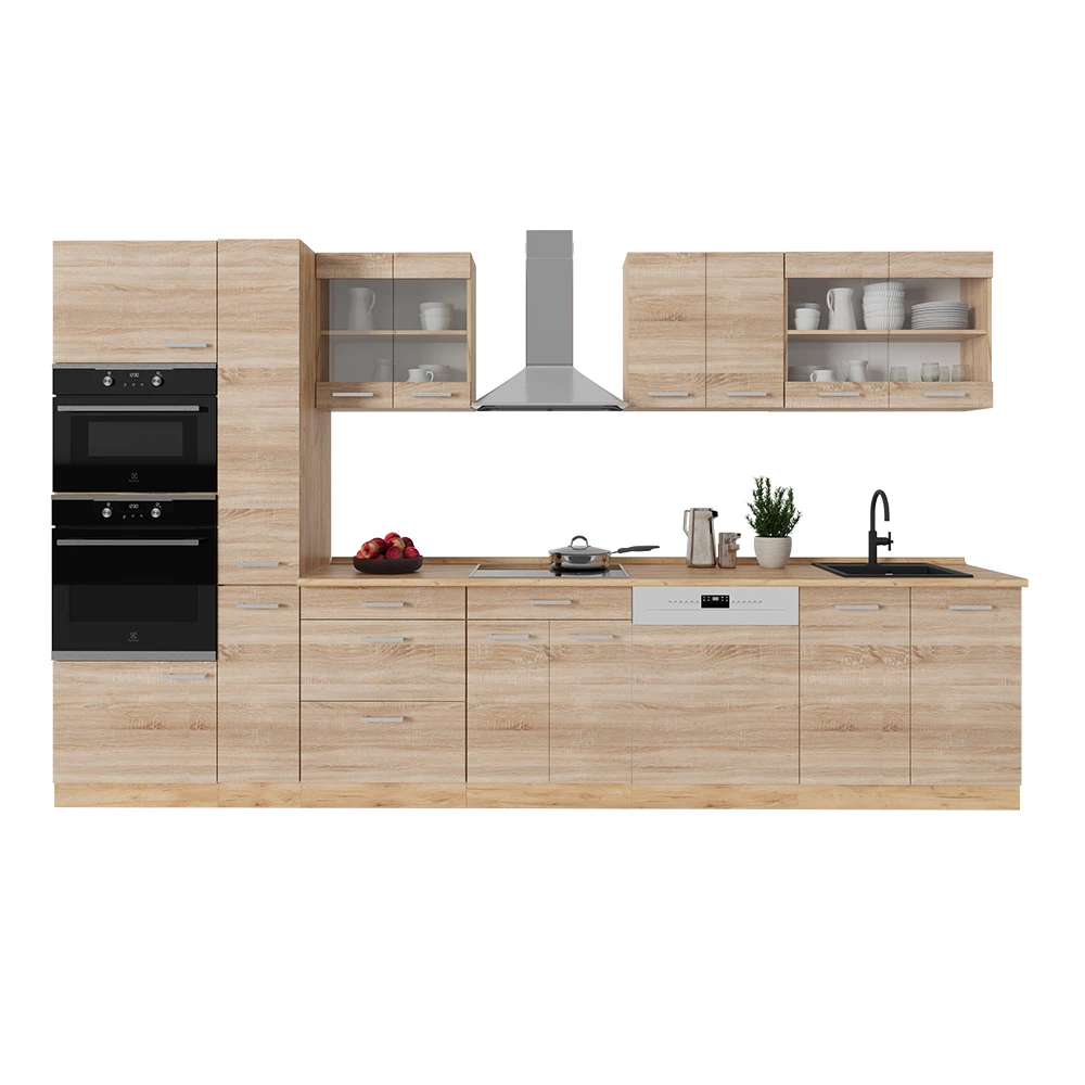 Complete keukeneenheid in Sonoma/Goudkraft eik on white background with decorative elements