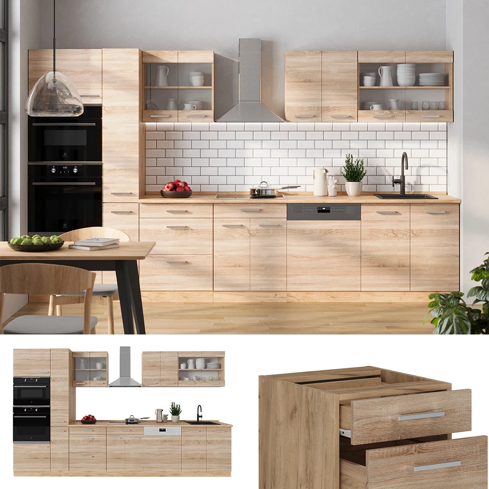 Complete keuken in Sonoma/Goudkraft eik, shown in ambient setting and on white background