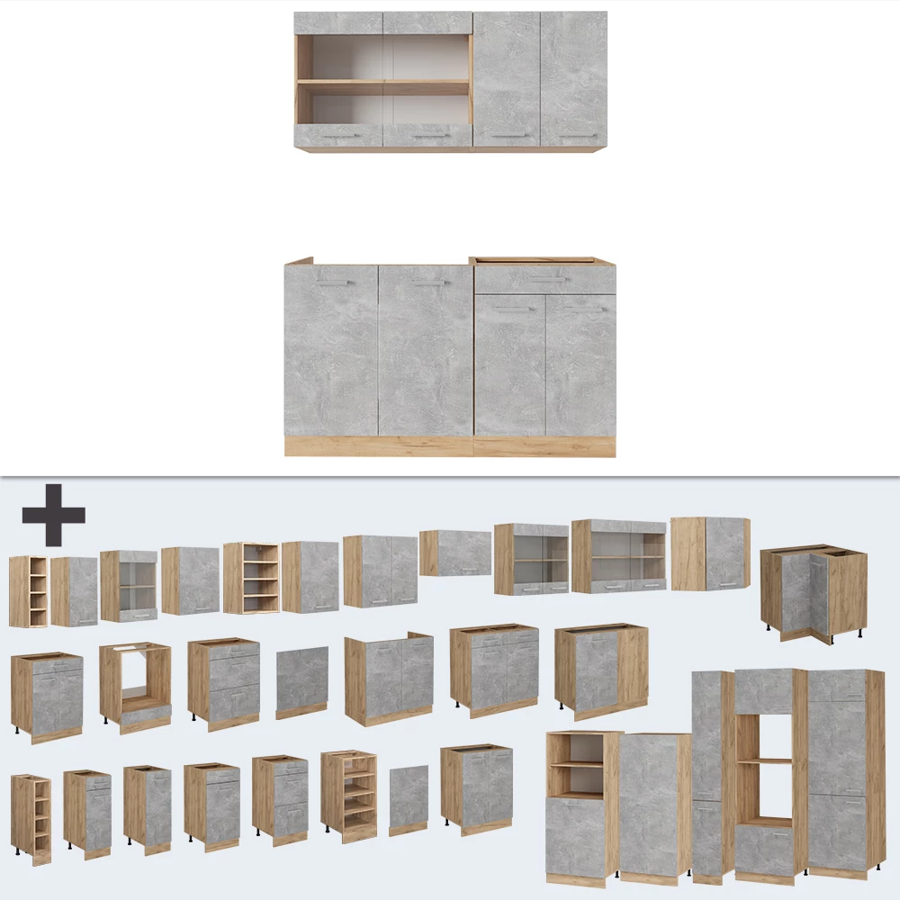 Gros plan de Cuisine en Béton/force d'or Chêne, montrant le design et les détails de surface