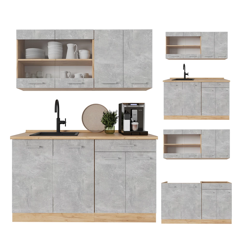 Cuisine en Béton/force d'or Chêne sur fond blanc avec des éléments décoratifs