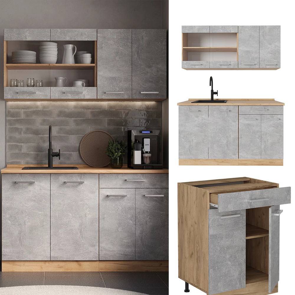 Cuisine R-Line Béton/force d'or Chêne 140cm sans PT Vicco