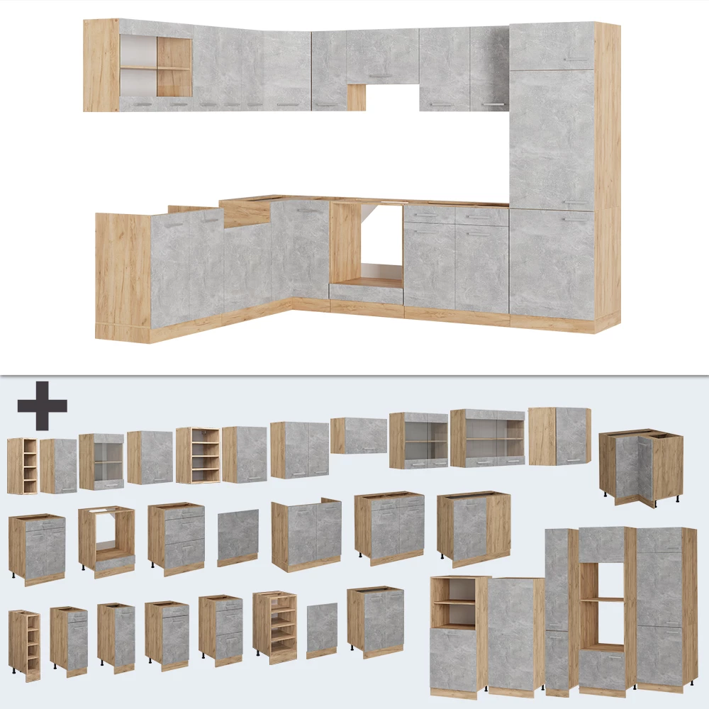 Nahaufnahme von Eckküche in Beton/Goldkraft Eiche, zeigt Design- und Oberflächendetails