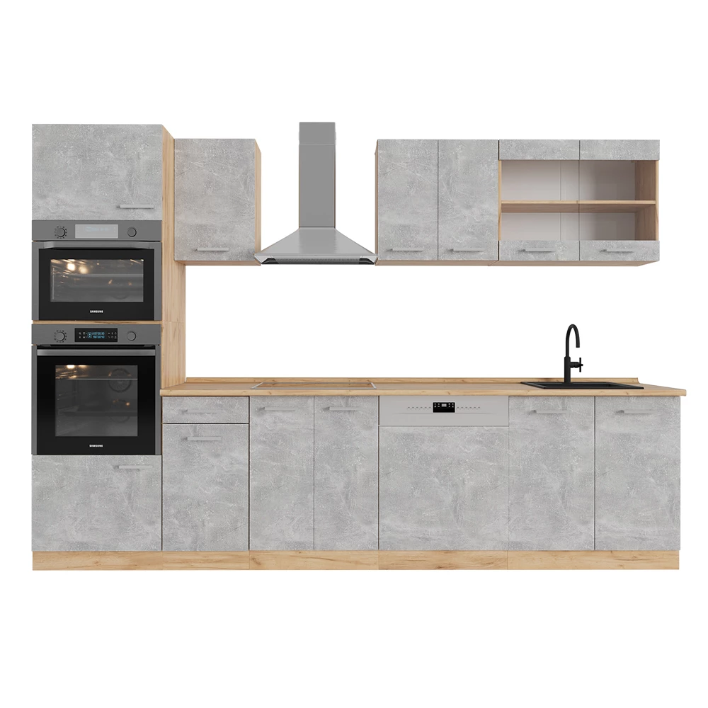 Vicco Konyhabútor Beton/arany tölgy 300 cm magas szekrénnyel, MP Tölgy, R-Line