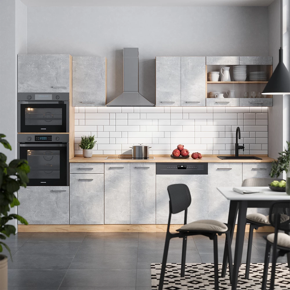 Vicco Konyhabútor Beton/arany tölgy 300 cm magas szekrénnyel, MP Tölgy, R-Line