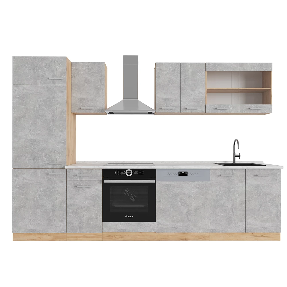 Vicco Kitchenette Beton/Goldkraft Eiche 300cm, Mármore AP, R-Line