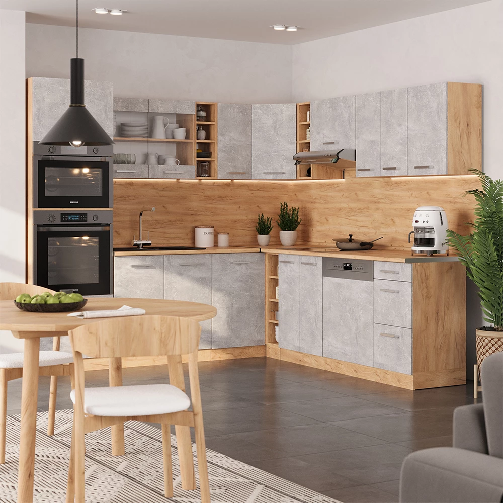 Cozinha de canto in Beton/Goldkraft Eiche on white background