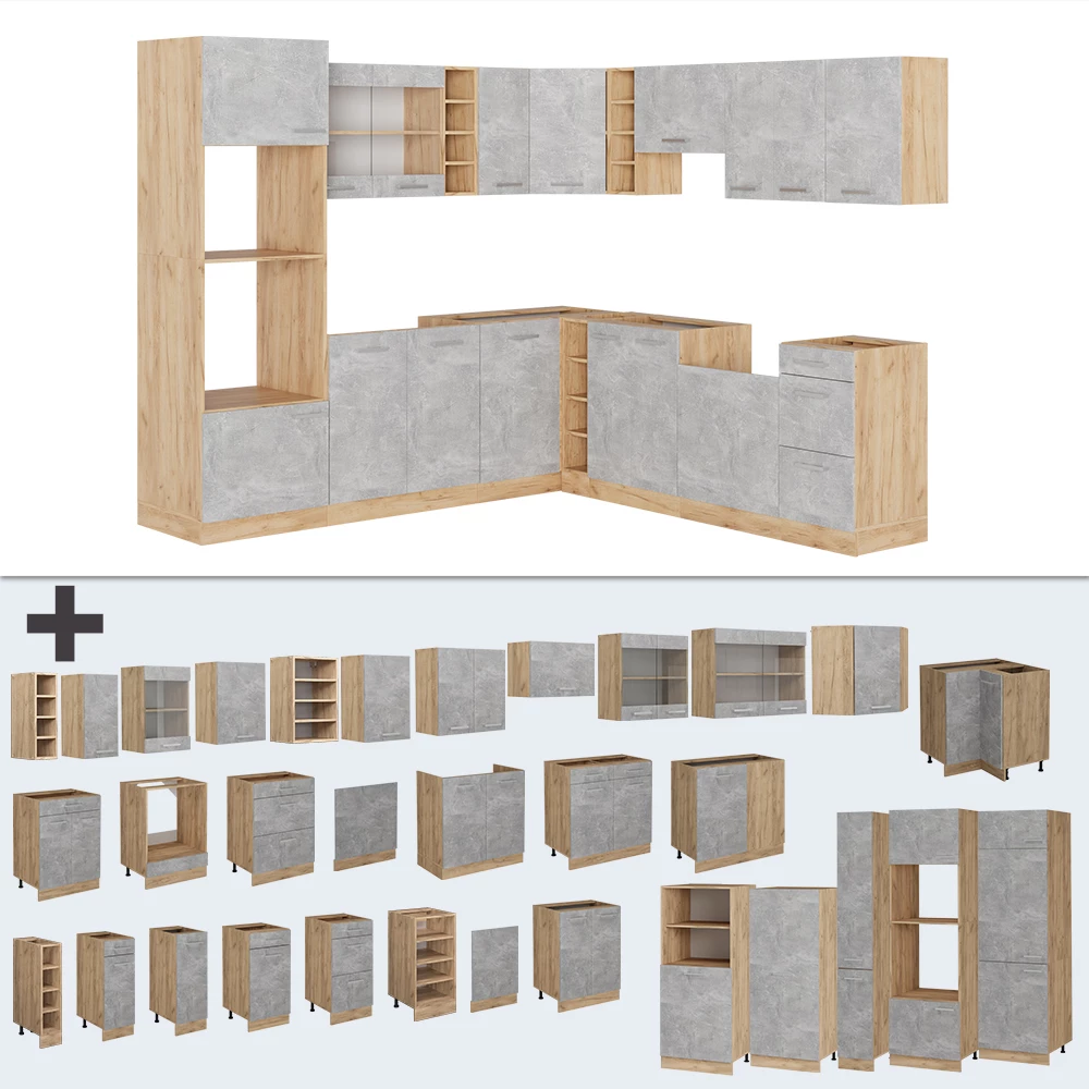 Nahaufnahme von Eckküche in Beton/Goldkraft Eiche, zeigt Design- und Oberflächendetails