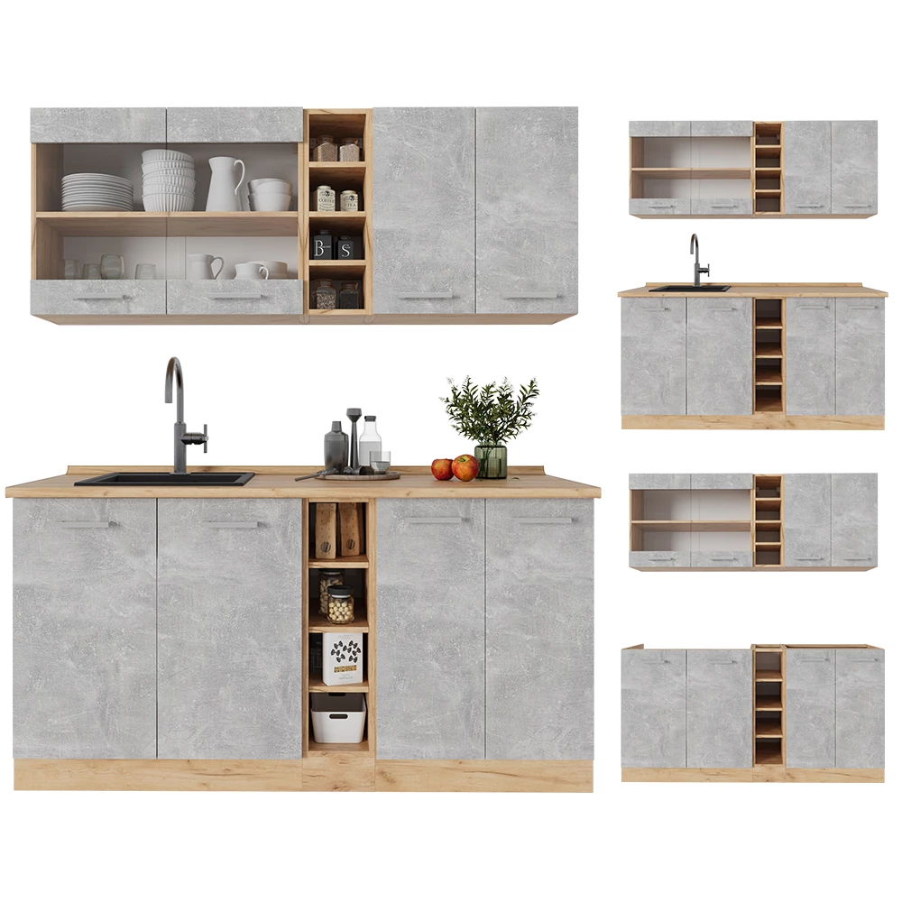 Eenpersoonskeuken in Beton/gouden eik on white background with decorative elements