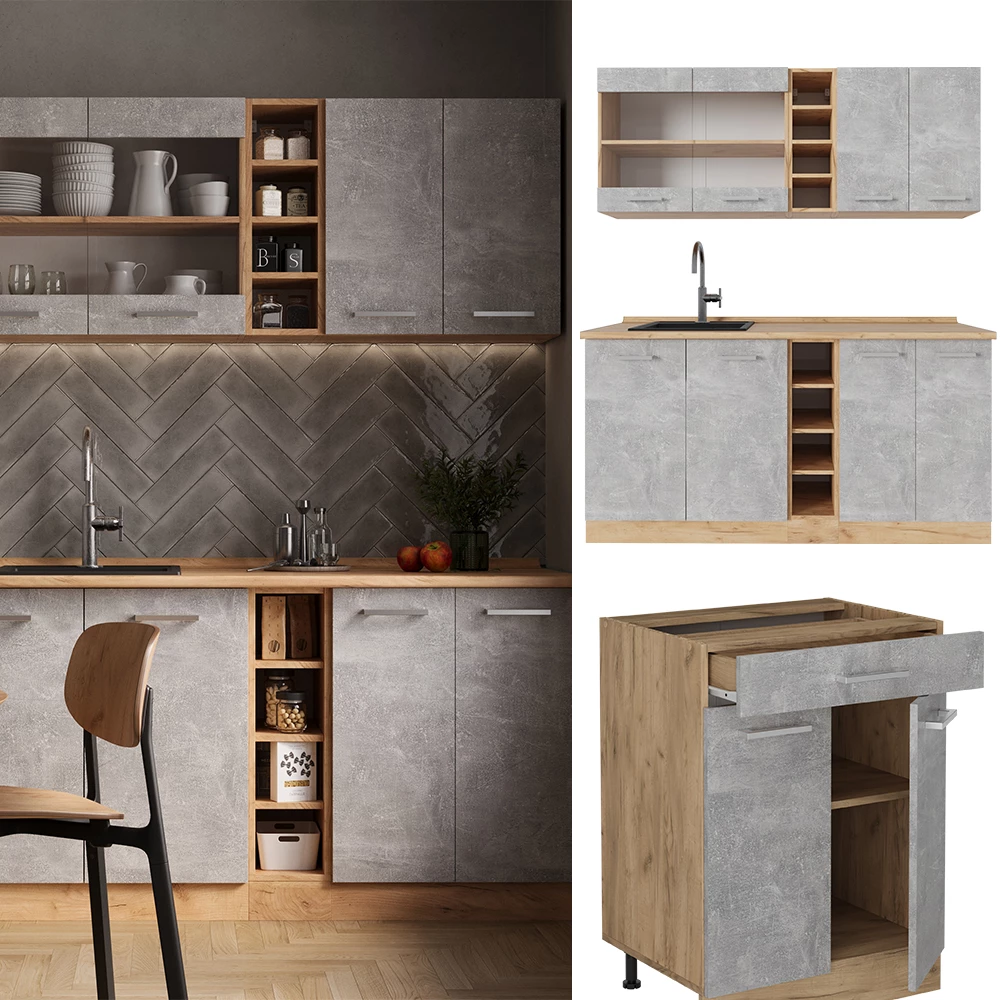 Eenpersoonskeuken in Beton/gouden eik, shown in ambient setting and on white background