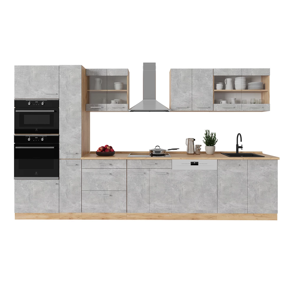 Complete keukeneenheid in Beton/gouden eik on white background with decorative elements