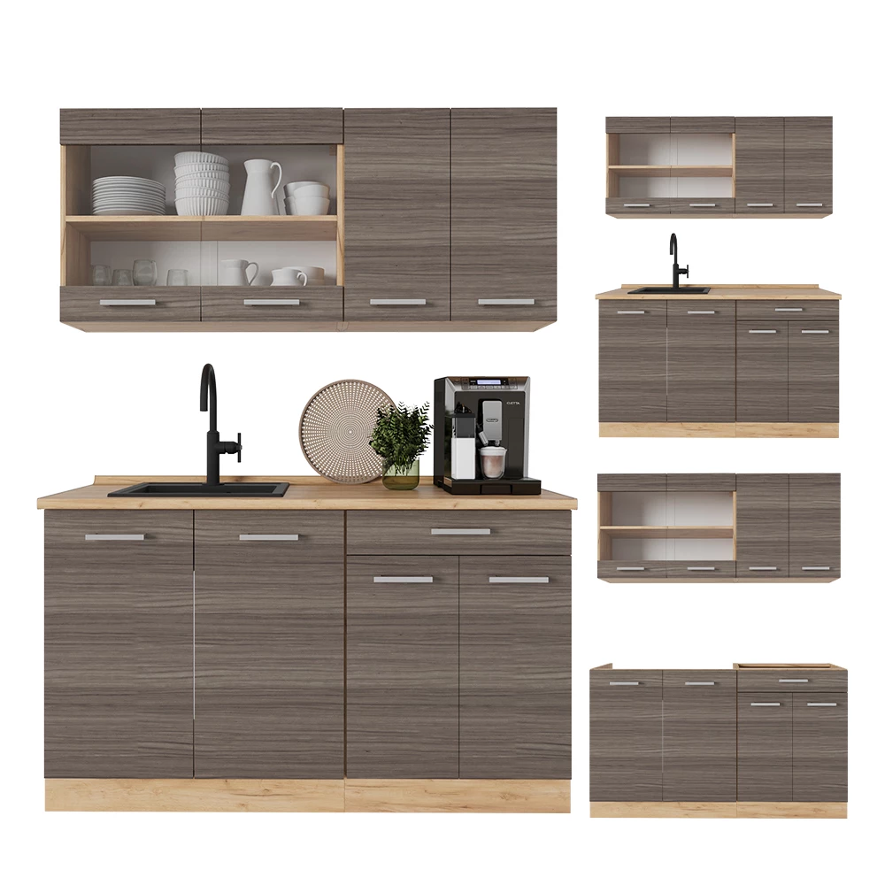 Cuisine en gris noble/chêne doré sur fond blanc avec des éléments décoratifs