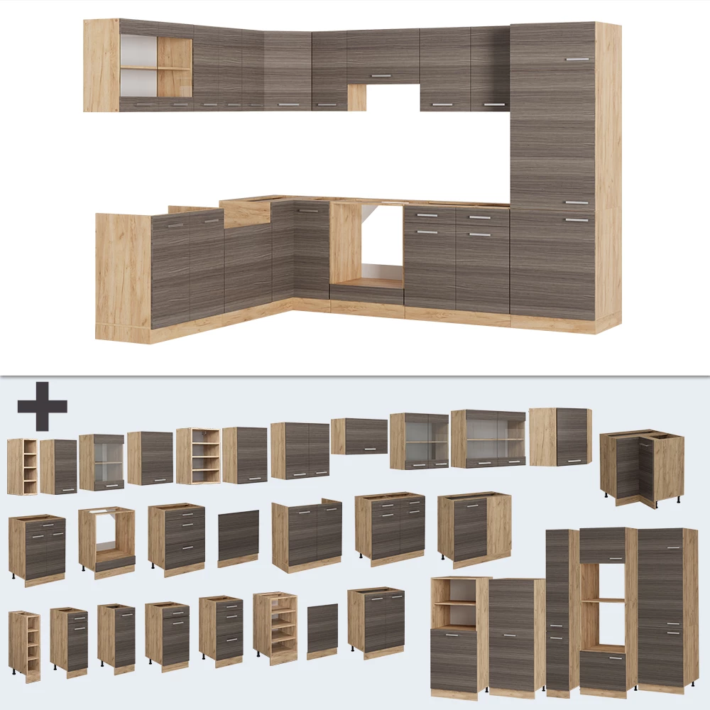 Nahaufnahme von Eckküche in Edelgrau/Goldkraft Eiche, zeigt Design- und Oberflächendetails