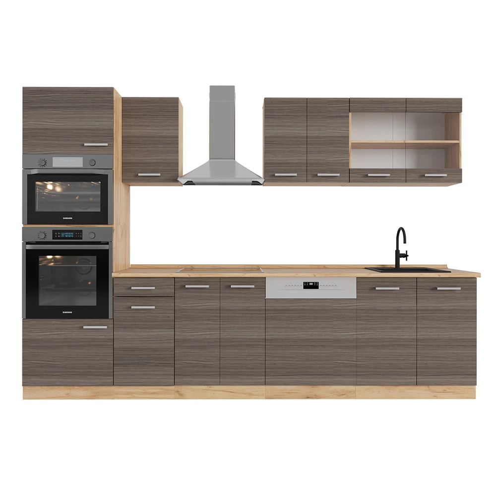 Vicco Čajna kuhinja Edelgrau/Goldkraft Eiche 300 cm s visokim ormarićem, RP Hrast, R-Line