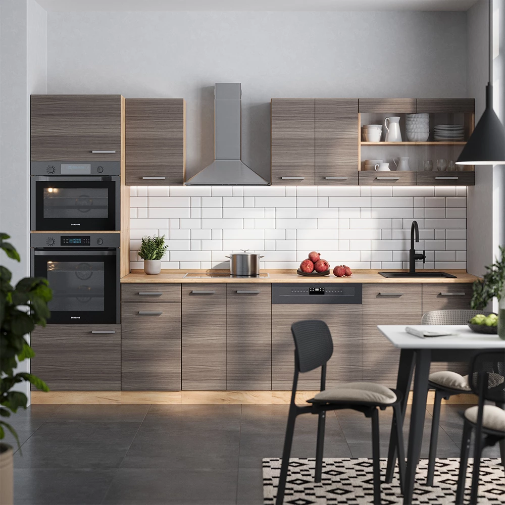 Vicco Čajna kuhinja Edelgrau/Goldkraft Eiche 300 cm s visokim ormarićem, RP Hrast, R-Line