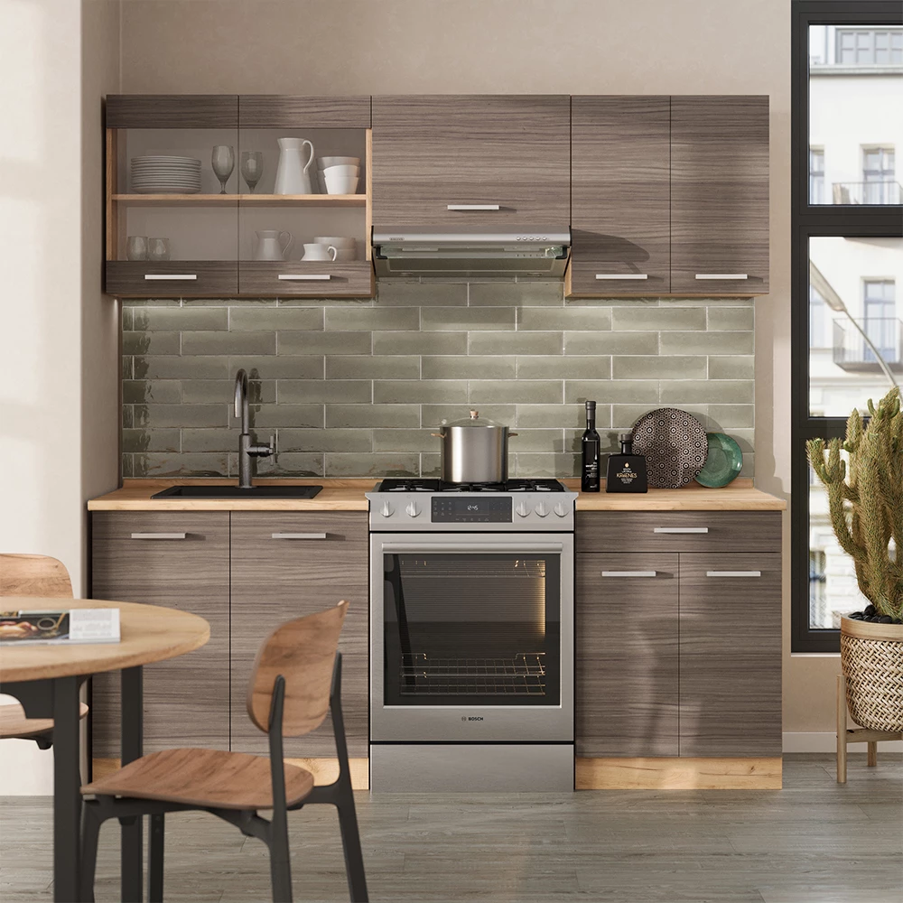 Complete keukeneenheid in Edel grijs/gouden eik op een witte achtergrond