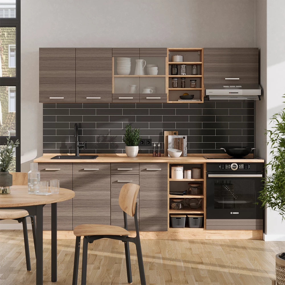 Vicco Kitchenette Edelgrau/Goldkraft Eiche 240cm, Mármore AP, R-Line