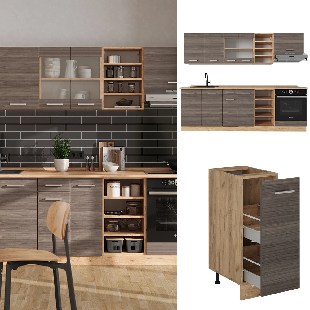 Complete keukeneenheid R-Line Edel grijs/gouden eik 240 cm zonder werkblad Vicco