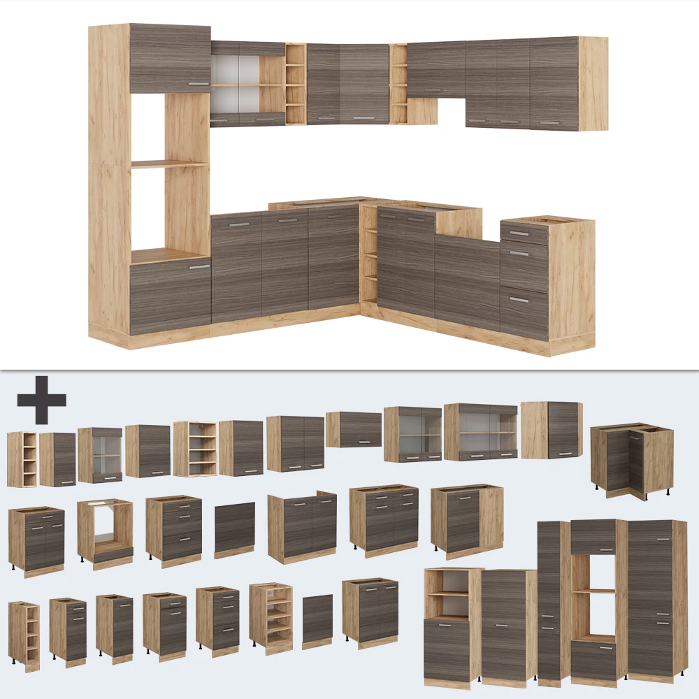 Nahaufnahme von Eckküche in Edelgrau/Goldkraft Eiche, zeigt Design- und Oberflächendetails
