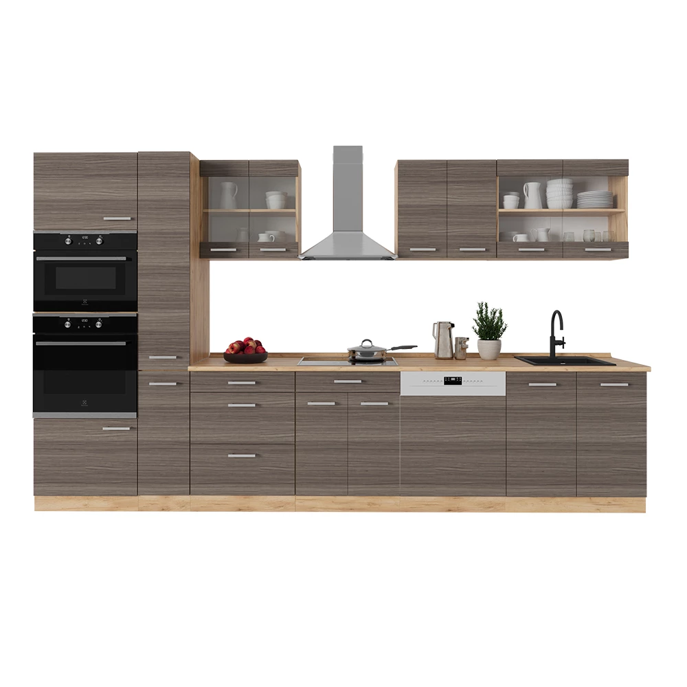 Complete keuken in Edel grijs/gouden eik on white background with decorative elements