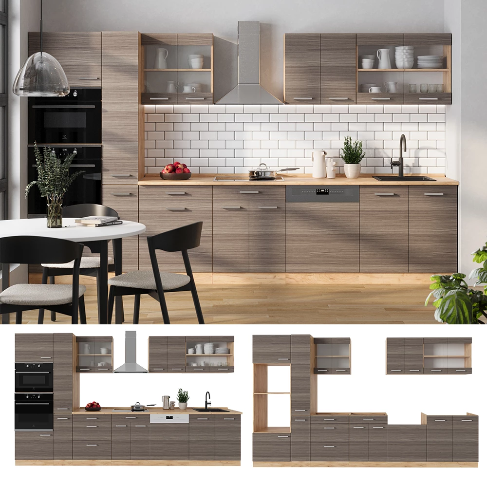 Complete keukeneenheid R-Line Edel grijs/gouden eik 350 cm zonder werkblad Vicco