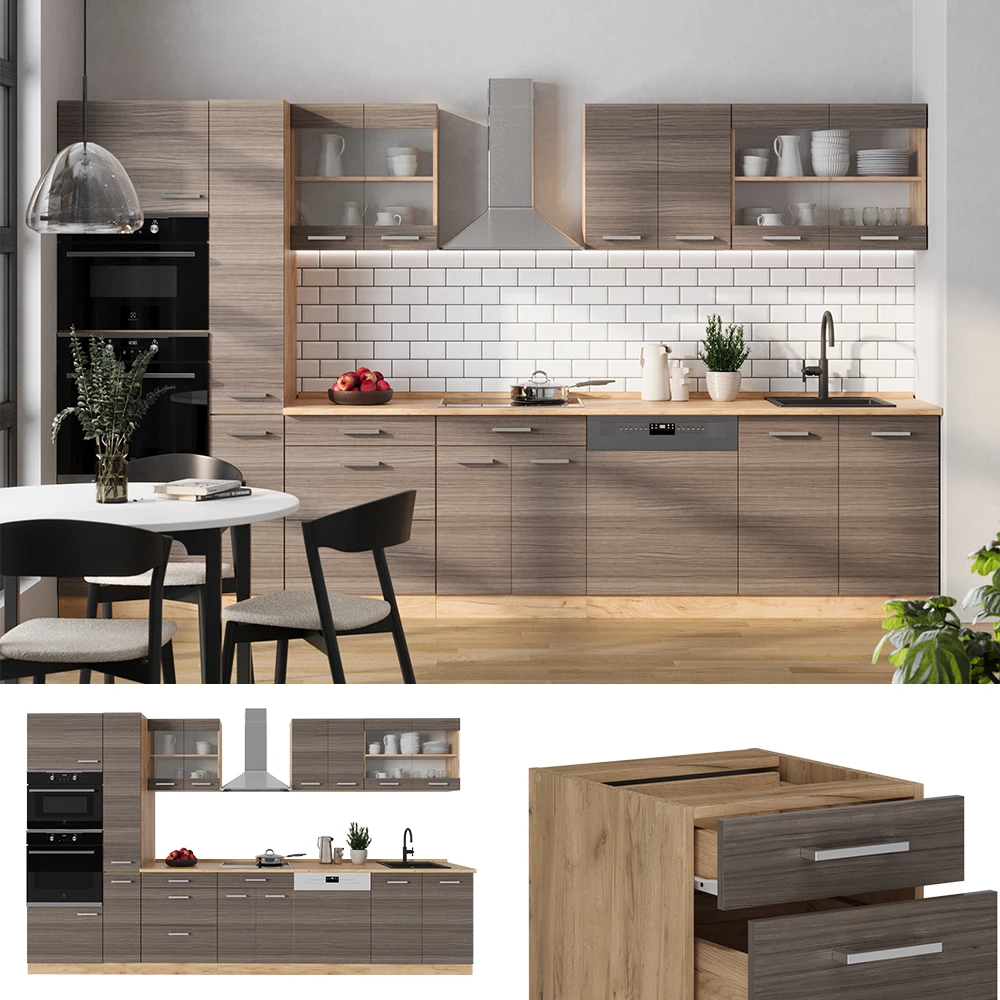 Complete keuken R-Line Edel grijs/gouden eik 350 cm , WB Eik Vicco