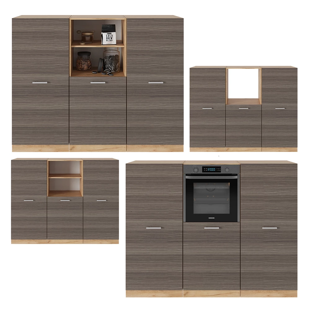 Küchenblock u boji Edelgrau/Goldkraft Eiche na bijeloj pozadini s dekorativnim elementima